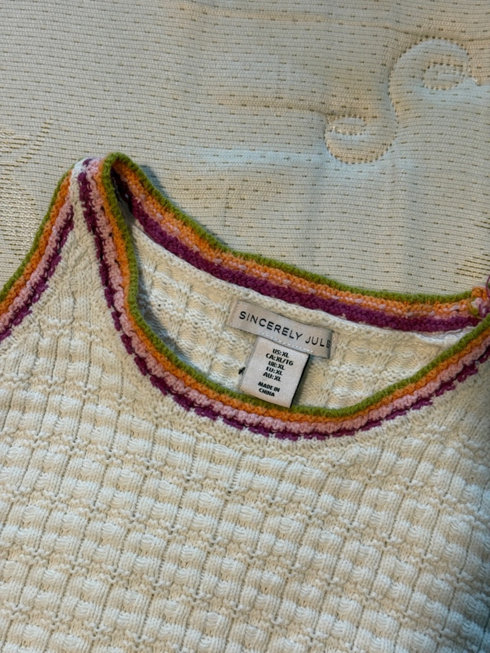 Sincerely Jules Cream Knit Tank with Pink Purple Orange Green Trim